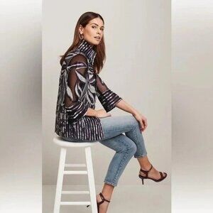 Chico’s Travelers Collection Striped Floral Embroidered Jacket Semi-sheer Size 3